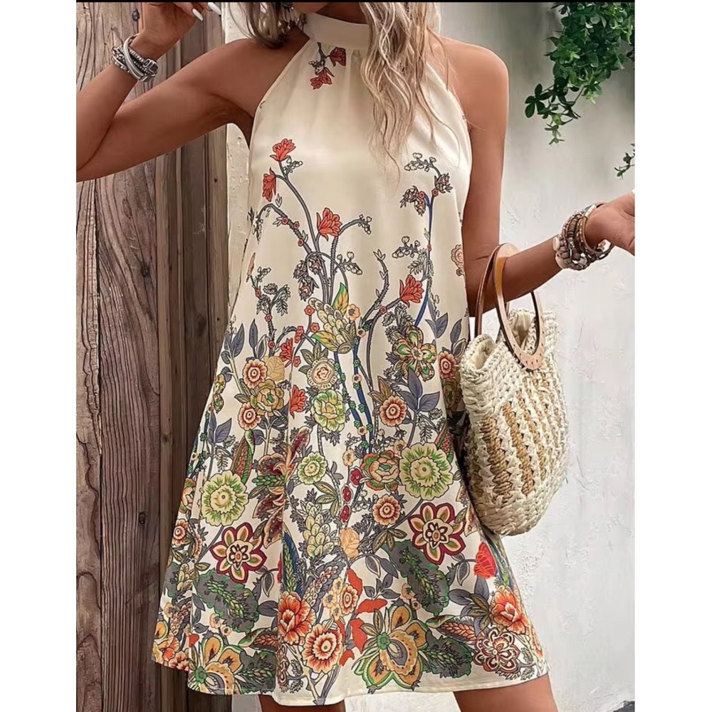 Seasty Women Shift Dress Sz XL Floral Apricot Halte Neck Botanical Print Boho - Picture 6 of 13